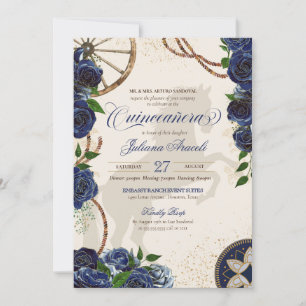 Elegant Charro Blue Ro Western Ranch Quinceanera Inbjudningar