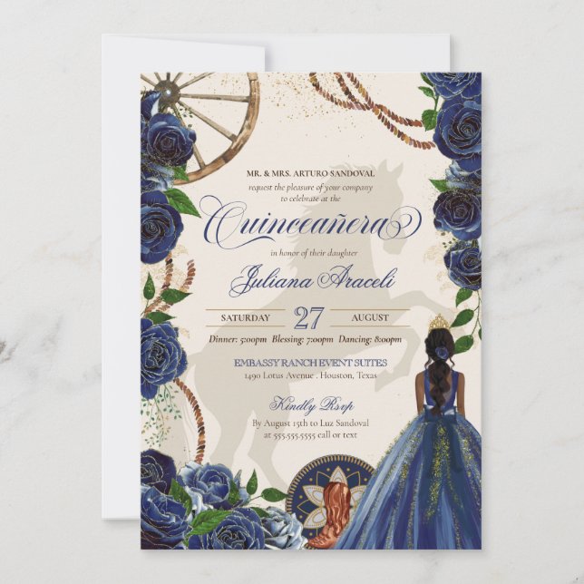 Elegant Charro Blue Ro Western Ranch Quinceanera Inbjudningar (Framsida)