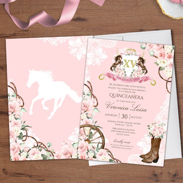 Elegant Charro Quinceanera med Rosa Flowers Inbjudningar (Skapare uppladdad)