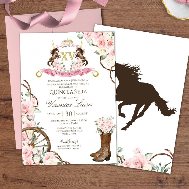 Elegant Charro Quinceanera White Rosa Blommigt Inbjudningar (Skapare uppladdad)