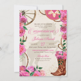 Elegant Charro Rosa ros Western Boots Quinceanera Inbjudningar