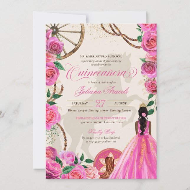 Elegant Charro Rosa ros Western Ranch Quinceanera Inbjudningar (Framsida)