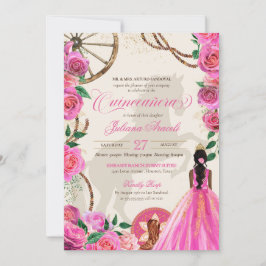 Elegant Charro Rosa ros Western Ranch Quinceanera Inbjudningar