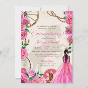 Elegant Charro Rosa ros Western Ranch Quinceanera Inbjudningar