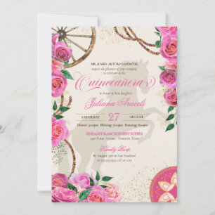 Elegant Charro Rosa ros Western Ranch Quinceanera Inbjudningar
