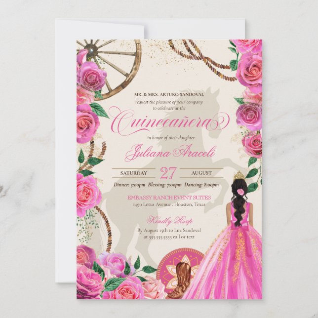 Elegant Charro Rosa ros Western Ranch Quinceanera Inbjudningar (Framsida)
