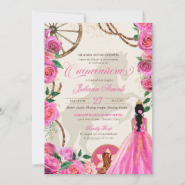 Elegant Charro Rosa ros Western Ranch Quinceanera Inbjudningar