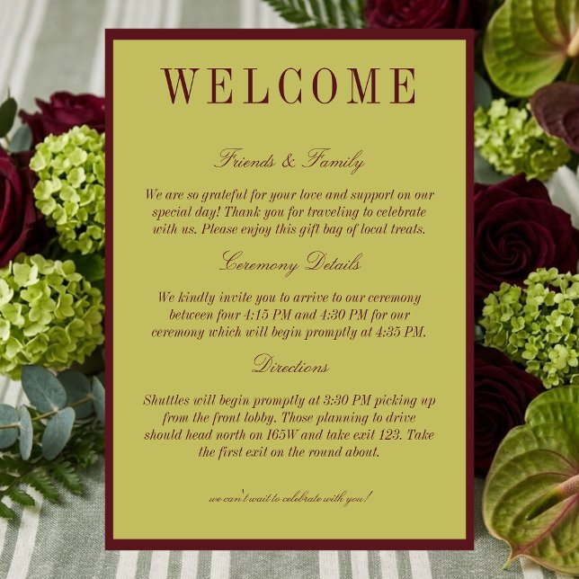 Elegant Chartreuse Burgundy Bröllop Välkomsthälsni Program (Elegant Chartreuse Burgundy Wedding Welcome Program)