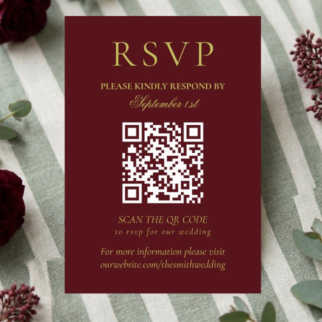 Elegant Chartreuse Burgundy Bröllops QR-kod OSA Kort (Elegant Chartreuse Burgundy Wedding QR Code RSVP Card)