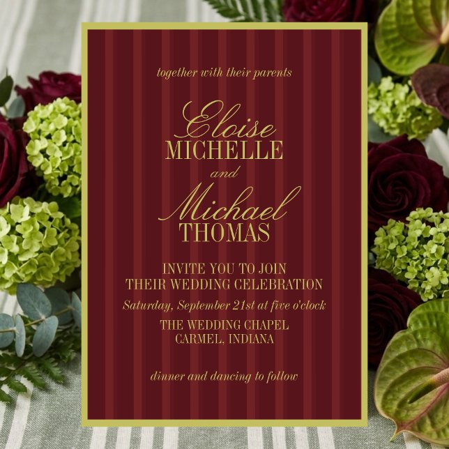 Elegant Chartreuse Burgundy Stripe Pattern Formal Inbjudningar (Elegant Chartreuse Burgundy Stripe Pattern Formal Invitation)