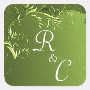 Elegant Chartreuse Grönt Bröllop Monogrammad Fyrkantigt Klistermärke