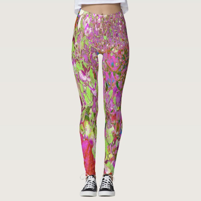 Elegant Chartreuse Grönt, Rosa och Blue Hydrangea Leggings (Framsida)