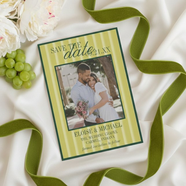 Elegant Chartreuse-randigt Mönster Foto Bröllop Inbjudningar (Elegant Chartreuse Stripe Pattern Photo Wedding Invitation
)