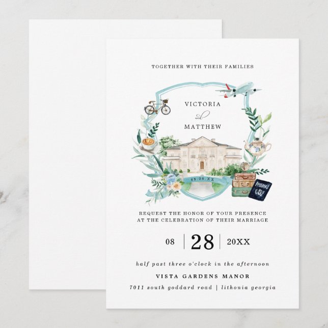 Elegant Chateau Herrgård | Resa Bröllops Crest Inbjudningar (Fram/baksida)