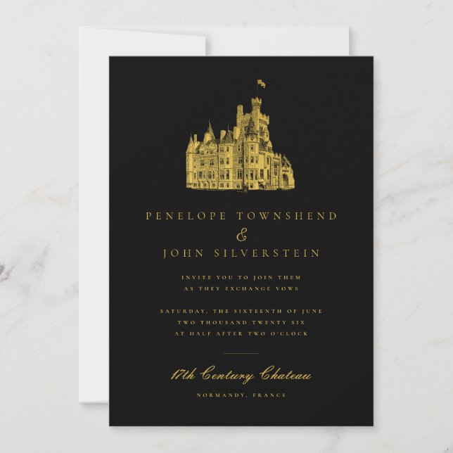 Elegant Château Illustration Black Guld Bröllop Inbjudningar (Framsida)