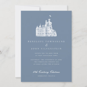 Elegant Château Illustration Fransk Blue Bröllop Inbjudningar