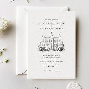 Elegant Chateau Venue Sketch Bröllop Inbjudningar
