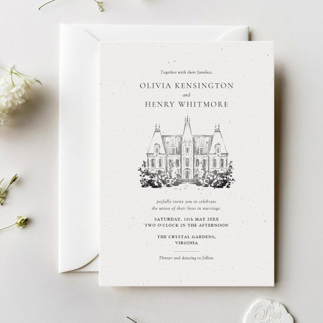 Elegant Chateau Venue Sketch Bröllop Inbjudningar (Skapare uppladdad)