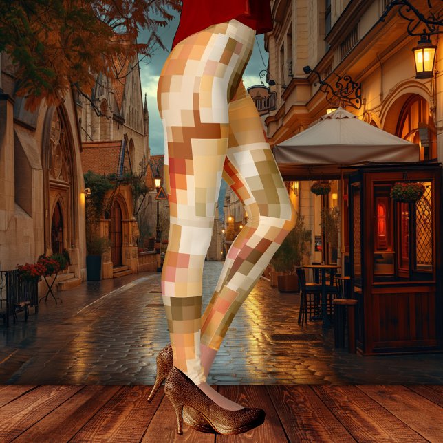 Elegant Checkated Abstrakt Fantasy Designer Leggings (Modern design leggings featuring an original abstract checkered pattern in warm autumn colors)