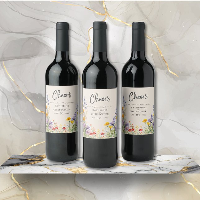 Elegant Cheers Bröllop Vinflaska Etikett (Cheers Wedding Wine Bottle with colorful wildflowers in purple, orange, and red jewel tones.)