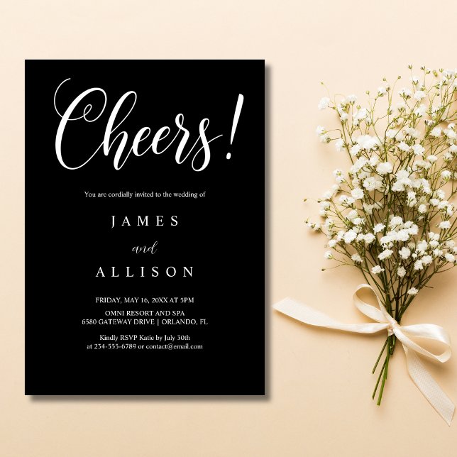 Elegant Cheers Script Svart Bröllopsinbjudan Inbjudningar (Skapare uppladdad)