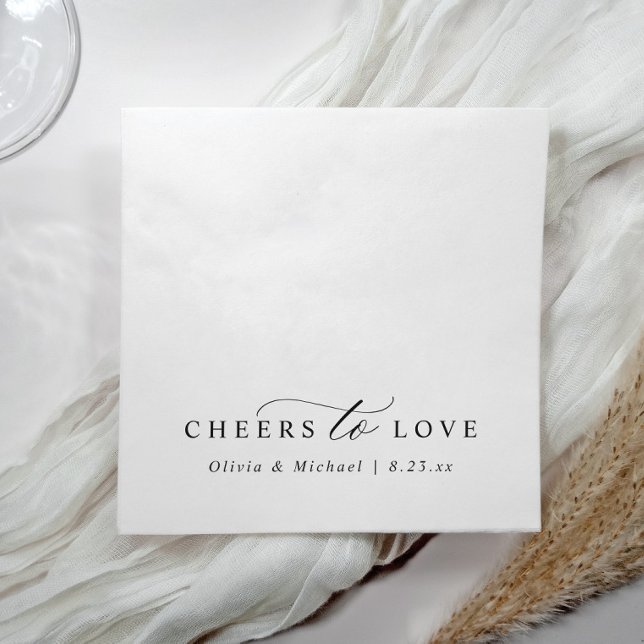 Elegant Cheers to Love Simple Black White Wedding Pappersservett (Black and white wedding napkins with elegant calligraphy reading “cheers to love” in modern style)