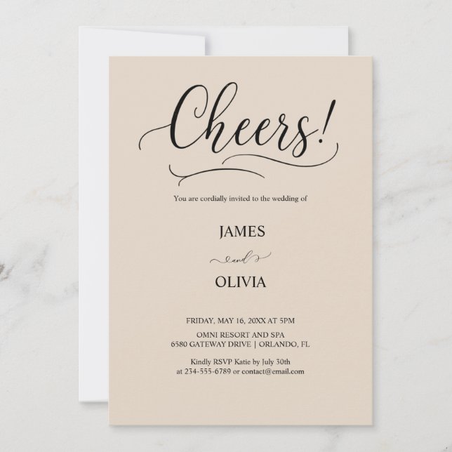 Elegant Cheers! Varm Beige Modern Skript Bröllop  Inbjudningar (Framsida)