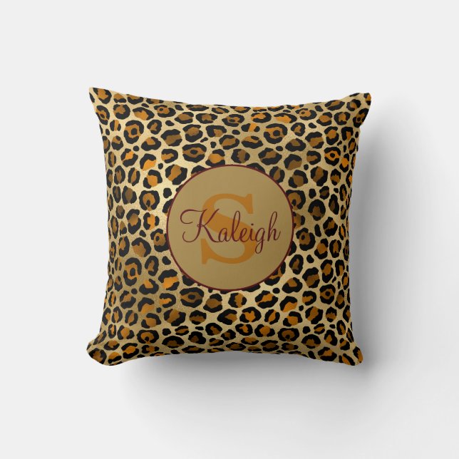 Elegant Cheetah/Leopard Print Monogram Namn Kudde (Framsida)