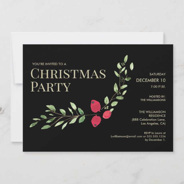 Elegant Chef jul, Party Black Holly Red Inbjudningar (Framsida)
