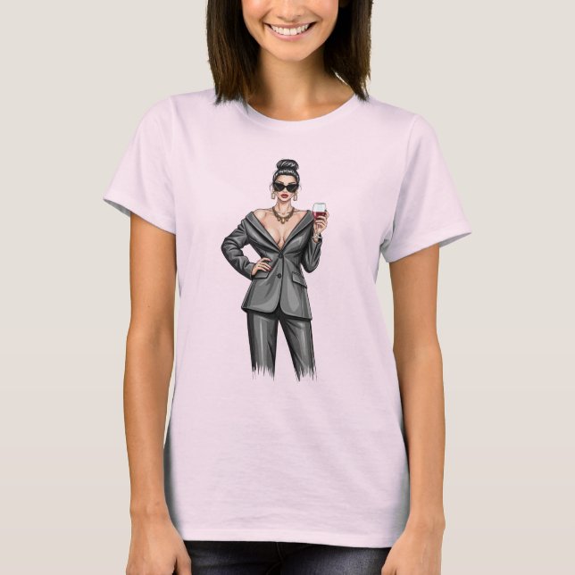Elegant chefsdam i grått maktkostym med rött vin t shirt (Framsida)
