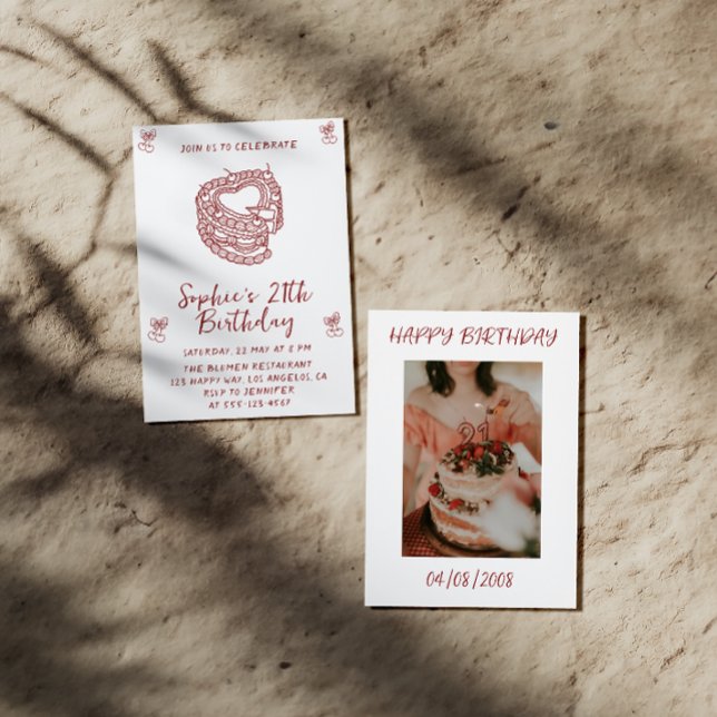 Elegant Cherry Birthday Invitation with Heart Cake Inbjudningar (Skapare uppladdad)