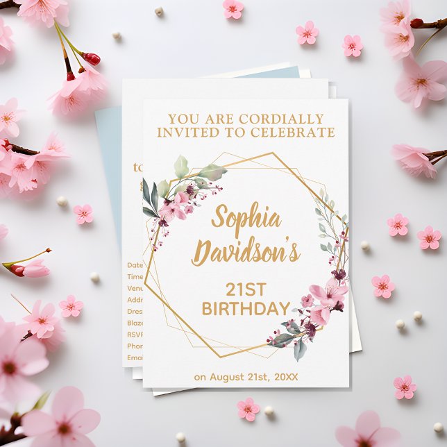 Elegant Cherry Blommar 21:a födelsedagsinbjudan Inbjudningar (Golden Blooms, Milestone Wishes! 🌸🌟)