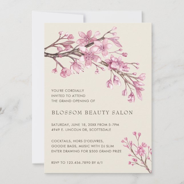 Elegant Cherry Blommar Beauty Salon Grand Open Inbjudningar (Framsida)