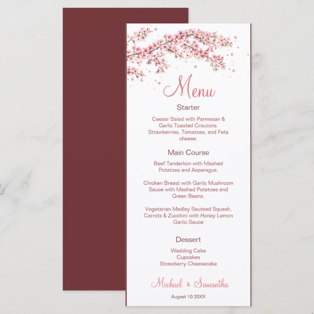 Elegant Cherry Blommar Bröllop Meny (Fram/baksida)