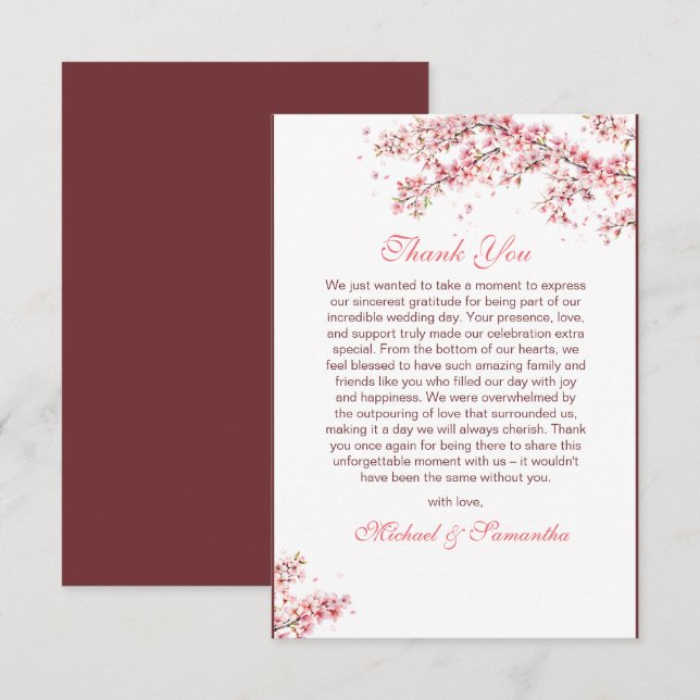 Elegant Cherry Blommar Bröllop Tack Kort (Fram/baksida)