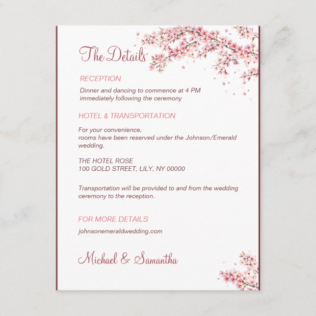 Elegant Cherry Blommar Bröllop Tilläggskort (Framsida)