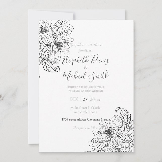 Elegant Cherry Blommar Flowers Black White Botanic Inbjudningar (Framsida)