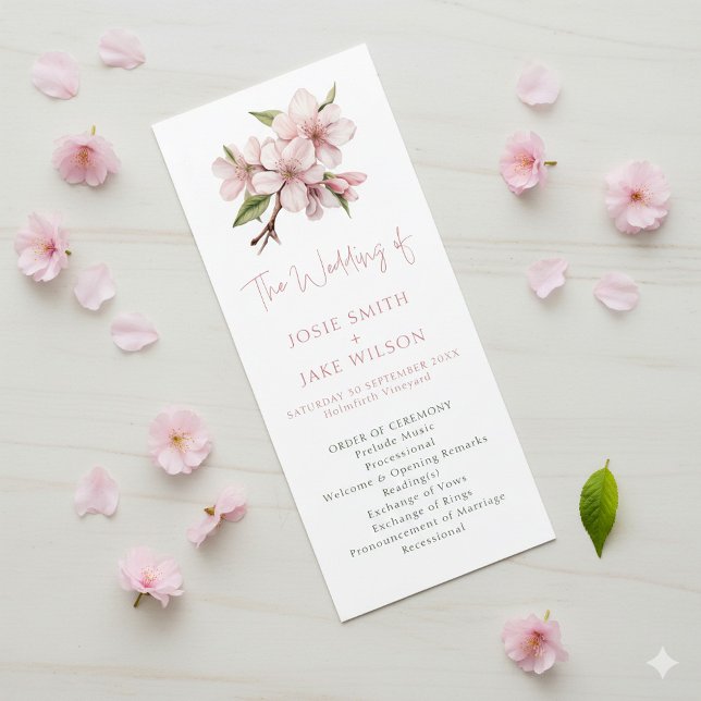 Elegant Cherry Blommar minimum bröllop Ceremony Program (Cherry blossom, pink wedding program.)
