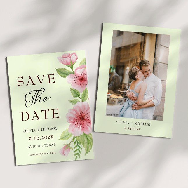 Elegant Cherry Blommar Pastel Blommigt Spara datum Datumet (Elegant Cherry Blossom Pastel Floral Photo Save the Date)