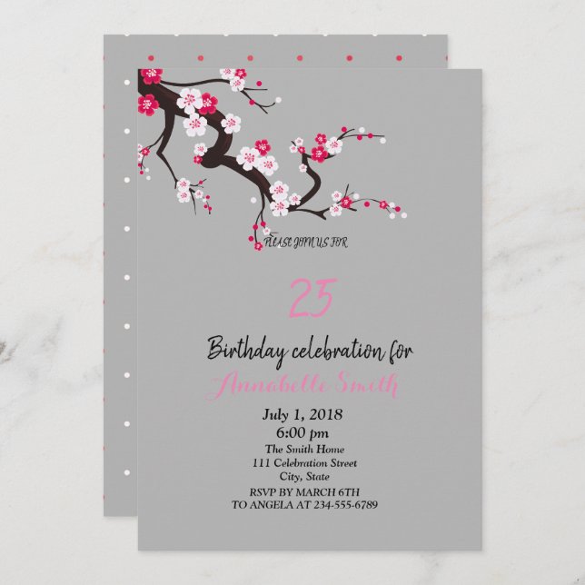 Elegant Cherry Blommar Rosa White blommigt Birthda Inbjudningar (Fram/baksida)