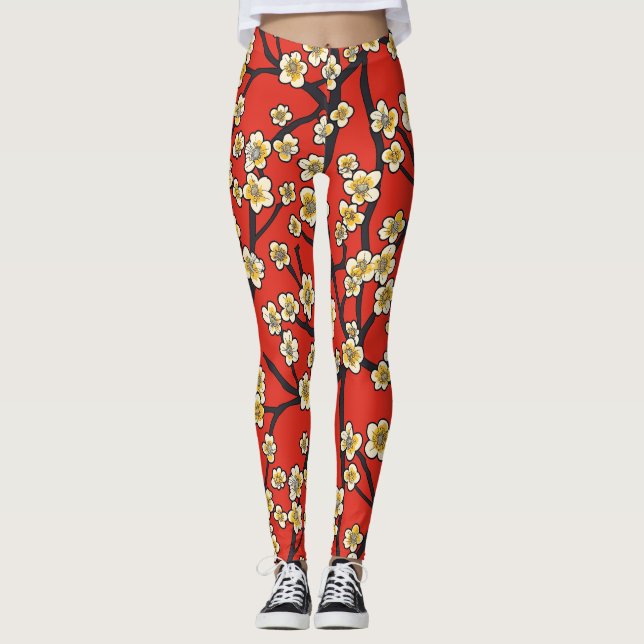 Elegant Cherry Blommar Sömlös Mönster (9) Leggings (Framsida)