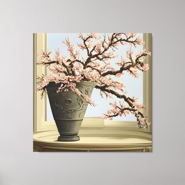 Elegant Cherry Blommar Vas efter Window-Kanvastryc Canvastryck (Framsida)