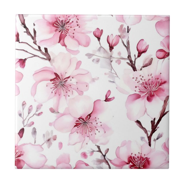 Elegant Cherry Blommar Watercolor Mönster Kakelplatta (Framsidan)