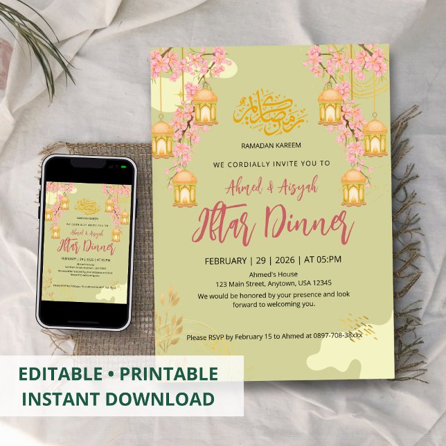 Elegant Cherry Blossom & Lanterns Iftar Dinner Inbjudningar (Skapare uppladdad)