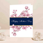 Elegant Cherry Blossoms Mother's Day Kort<br><div class="desc">Make her feel truly special this year with a card as beautiful as she is. This eye-catching Mother's Day card features lush, hand-drawn botanical cherry blossoms framing a navy blue and faux gold foil banner with elegant script font "Happy Mother's Day" wording. Easily customize the message inside and even add...</div>