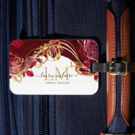 Elegant Cherry Red & Gold Monogram Script  Bagagebricka