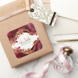 Elegant Cherry Red & Gold Monogram Script  Fyrkantigt Klistermärke