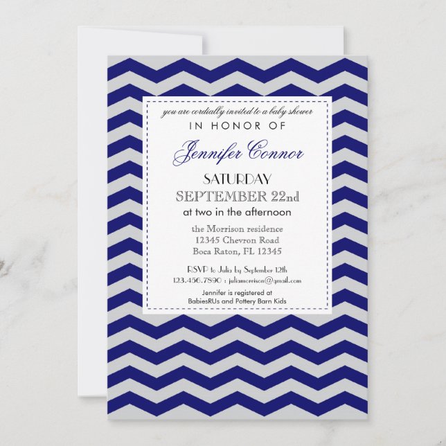 Elegant Chevron Baby Shower Navy Blue Inbjudan (Framsida)