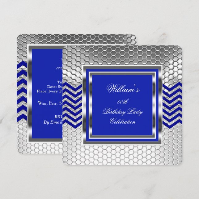 Elegant Chevron Blå Silver Födelsedagsfest Herrar Inbjudningar (Fram/baksida)