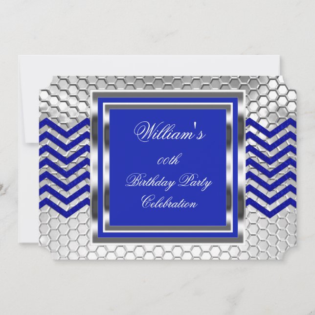 Elegant Chevron Blå Silver Födelsedagsfest Herrar Inbjudningar (Framsida)